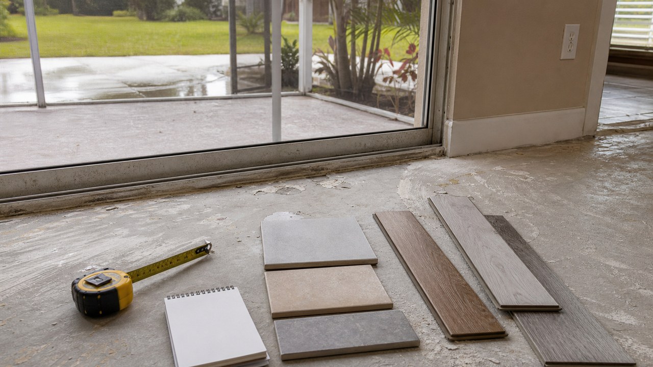 Flooring and tile material samples staged on a concrete slab in a Brevard County home