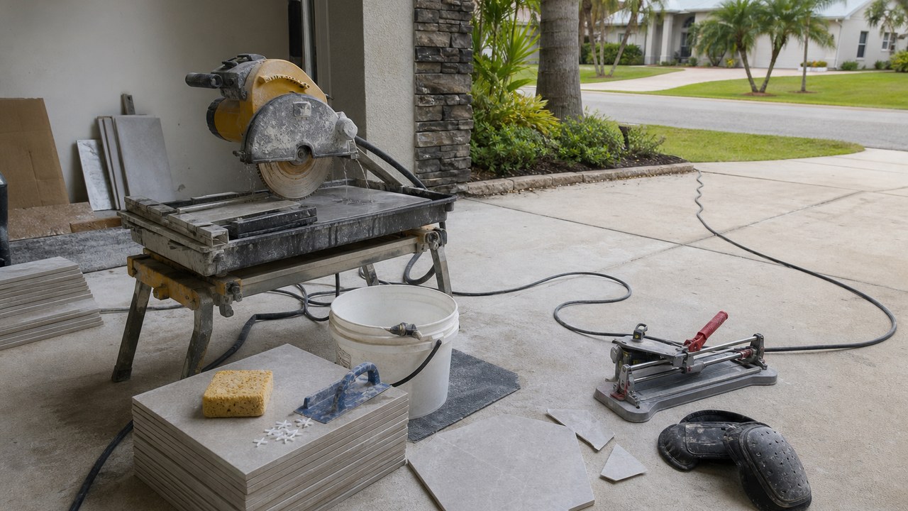 Tile cutting equipment and setup for a Brevard County flooring and tile project
