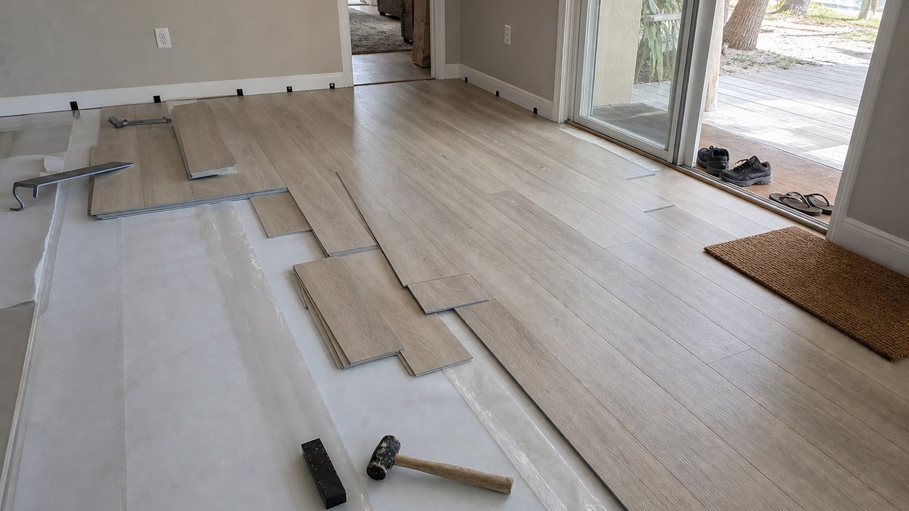 Waterproof vinyl plank flooring staged near a slider in a Brevard County home